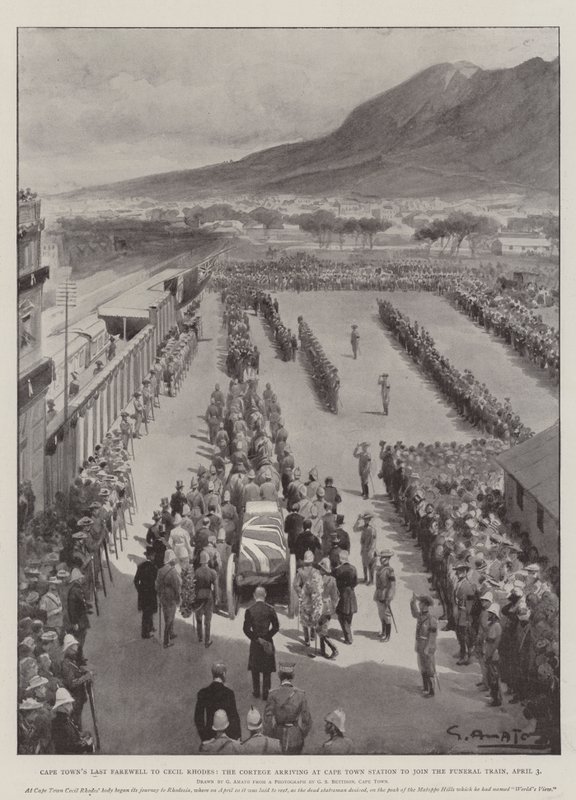 La última despedida de Ciudad del Cabo a Cecil Rhodes, el cortejo llegando a la estación de Ciudad del Cabo para unirse al tren fúnebre, 3 de abril de G.S. Amato