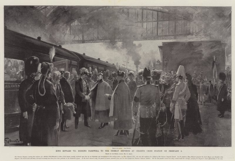 El Rey Eduardo VII despidiéndose del Emperador Alemán en la Estación de Charing Cross el 5 de febrero de G.S. Amato