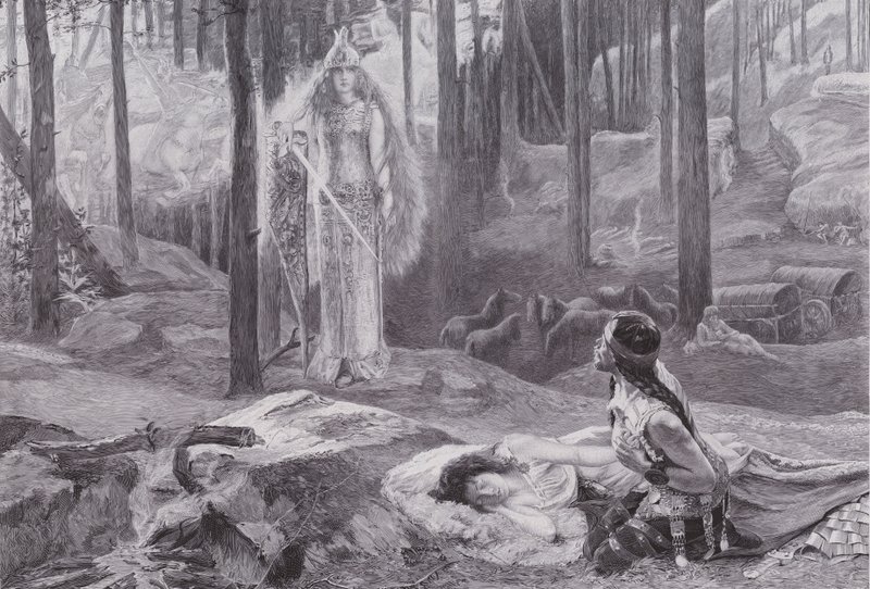 La Revelación (Brunilda descubriendo a Sieglinde y Siegmund) (litografía) de Gaston Bussiere