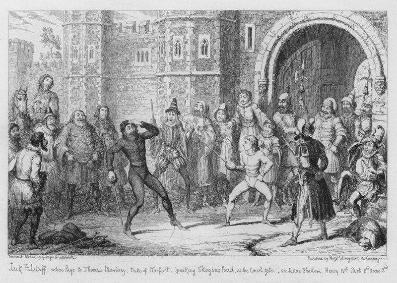 Jack Falstaff, cuando era paje de Thomas Mowbray, Duque de Norfolk, rompiendo la cabeza de Skogan en la puerta del tribunal, ver Justicia Shallow de George Cruikshank
