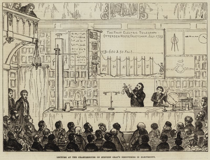 Conferencia en Charterhouse sobre los descubrimientos de Stephen Gray en electricidad de George Cruikshank