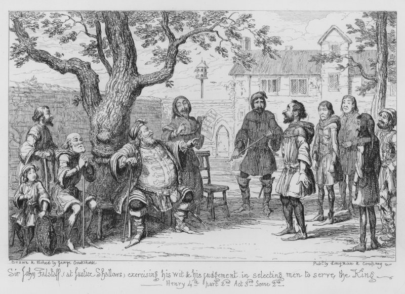 Sir John Falstaff, en la Justicia Shallows, Ejercitando su Ingenio y su Juicio en la Selección de Hombres para Servir al Rey de George Cruikshank