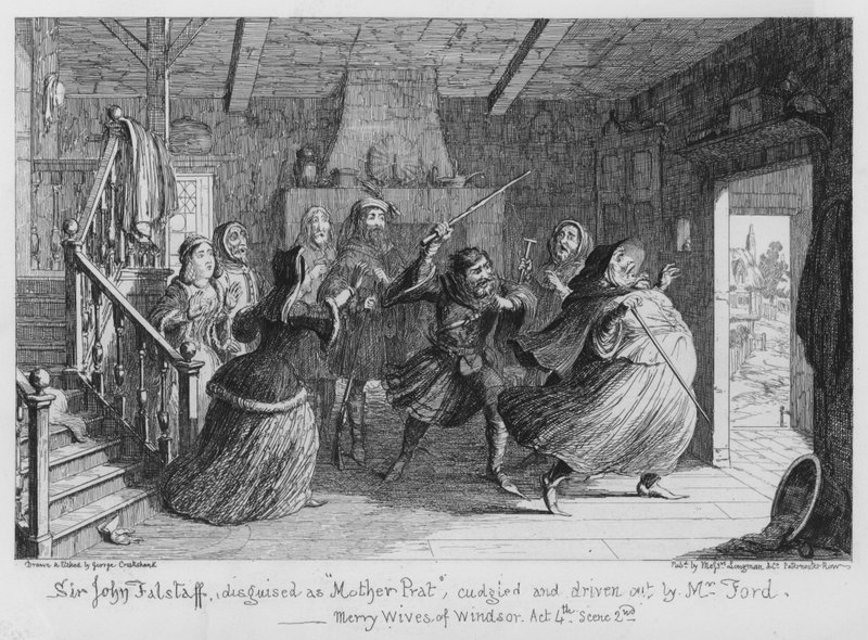 Sir John Falstaff, disfrazado de Madre Prat, apaleado y expulsado por el Sr. Ford de George Cruikshank