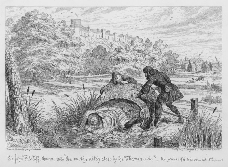 Sir John Falstaff arrojado al foso fangoso cerca del Támesis de George Cruikshank