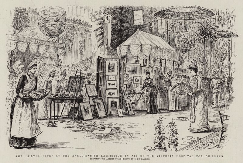 La fiesta de plata en la Exposición Anglo-Danesa en ayuda del Hospital Victoria para Niños de George du Maurier