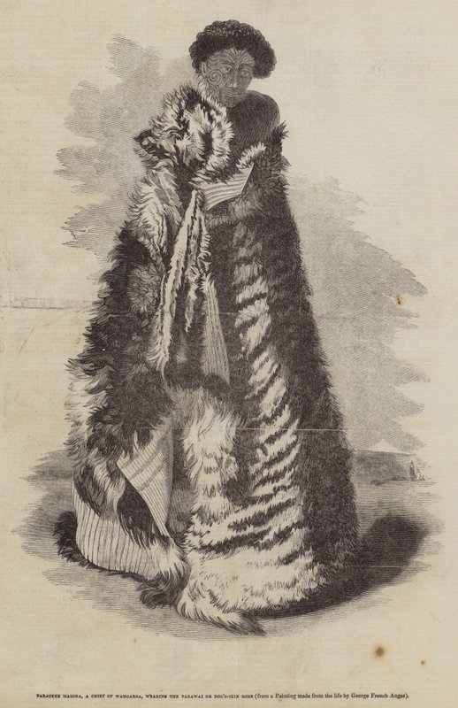 Paratene Maioha, un jefe de Wangaroa, vistiendo el Parawai o manto de piel de perro de George French Angas