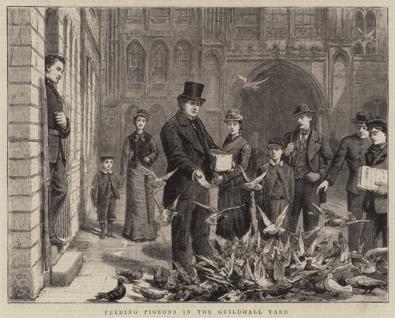 Alimentando palomas en el patio del Guildhall de George Goodwin Kilburne