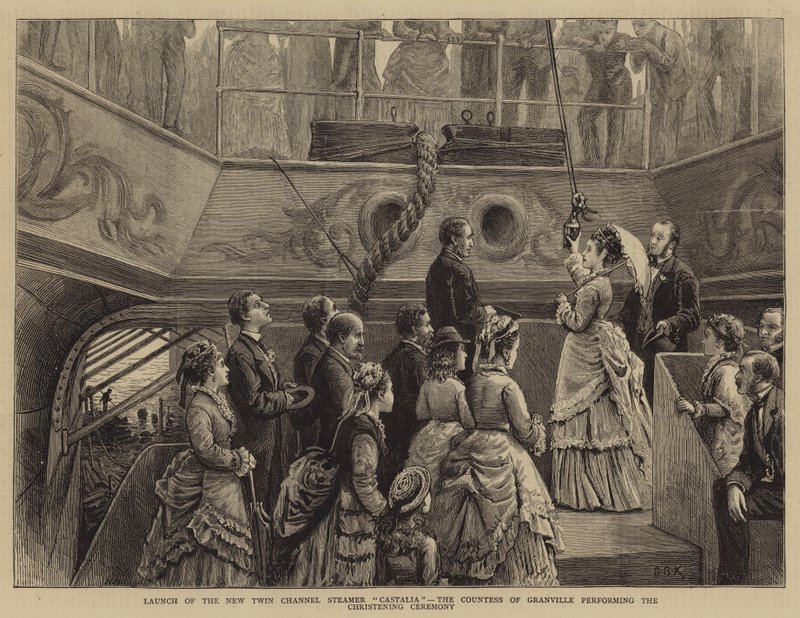 Lanzamiento del nuevo vapor gemelo Castalia, la condesa de Granville realizando la ceremonia de bautizo de George Goodwin Kilburne