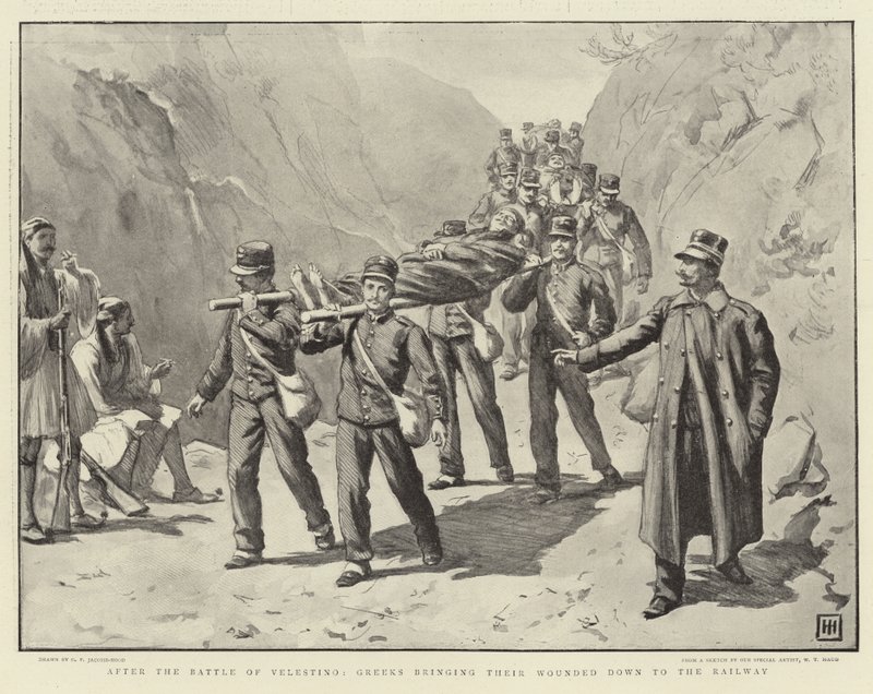 Después de la batalla de Velestino, los griegos llevan a sus heridos al ferrocarril de George Percy Jacomb Hood