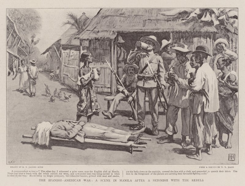 La guerra hispanoamericana, una escena en Manila después de un enfrentamiento con los rebeldes de George Percy Jacomb Hood