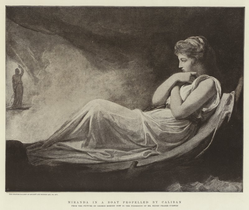 Miranda en un bote impulsado por Calibán de George Romney