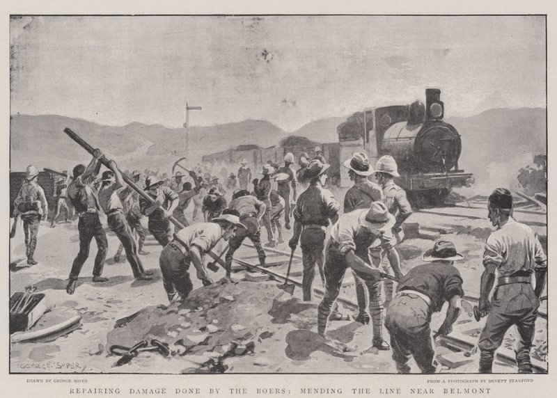 Reparando daños causados por los bóers, reparando la línea cerca de Belmont de George Soper