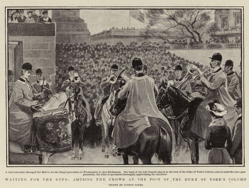 Esperando al Rey, entreteniendo a la multitud al pie de la Columna del Duque de York de George Soper