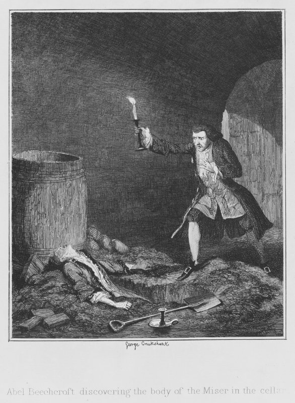 Abel Beechcroft descubriendo el cuerpo del avaro en el sótano de George (after) Cruikshank