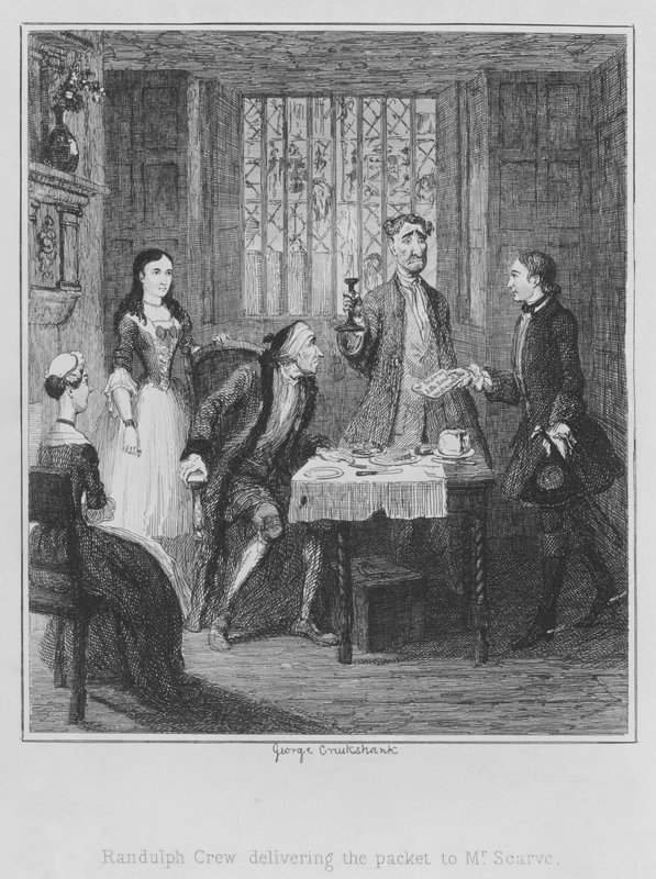 Randulph Crew entregando el paquete al Sr. Scarve de George (after) Cruikshank