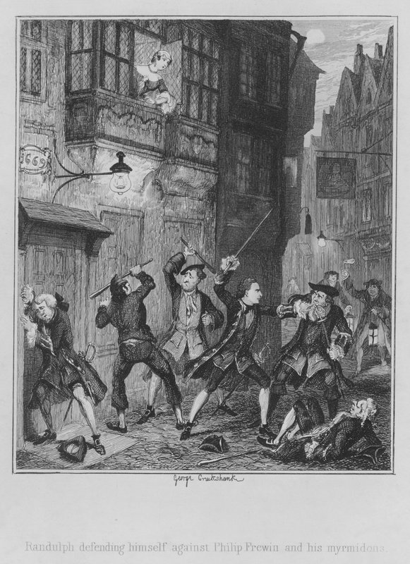 Randulph defendiéndose contra Philip Frewin y sus mirmidones (grabado) de George (after) Cruikshank