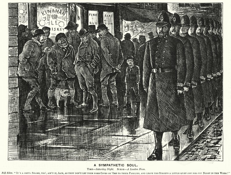 Caricatura de Punch: Un Alma Simpática - vigilando los barrios bajos de Londres de George (after) Du Maurier