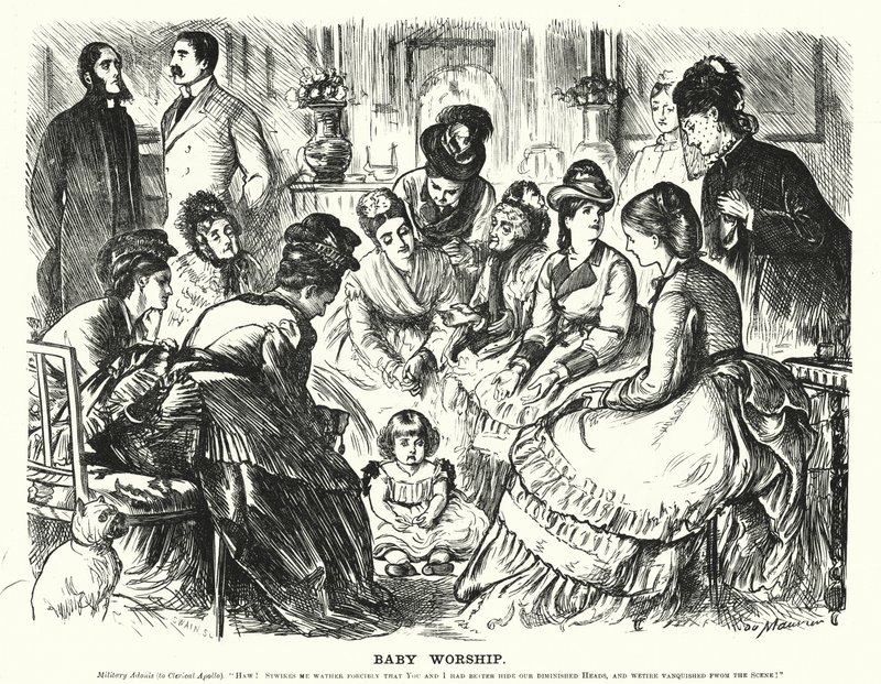 Caricatura de Punch: Adoración del bebé de George (after) Du Maurier