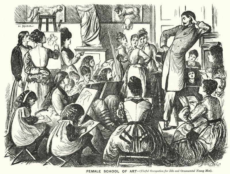 Caricatura de Punch: Escuela de Arte Femenina (Ocupación Útil para Hombres Jóvenes Ociosos y Ornamentales) de George (after) Du Maurier