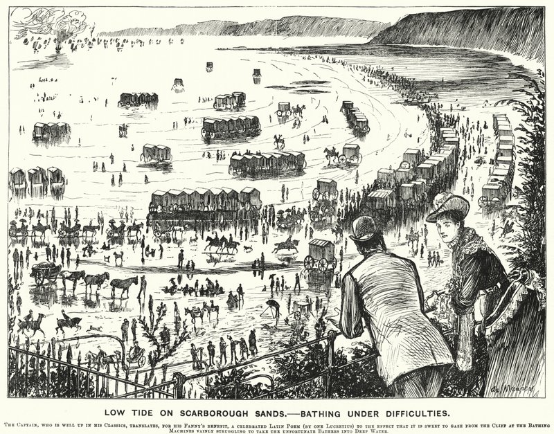 Caricatura de Punch: Marea baja en las arenas de Scarborough - Bañarse con dificultades (grabado) de George (after) Du Maurier