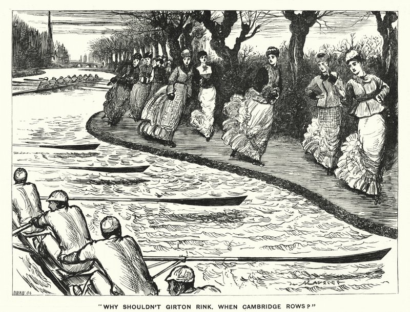 Caricatura de Punch: ¿Por qué no debería Girton patinar cuando Cambridge rema? de George (after) Du Maurier