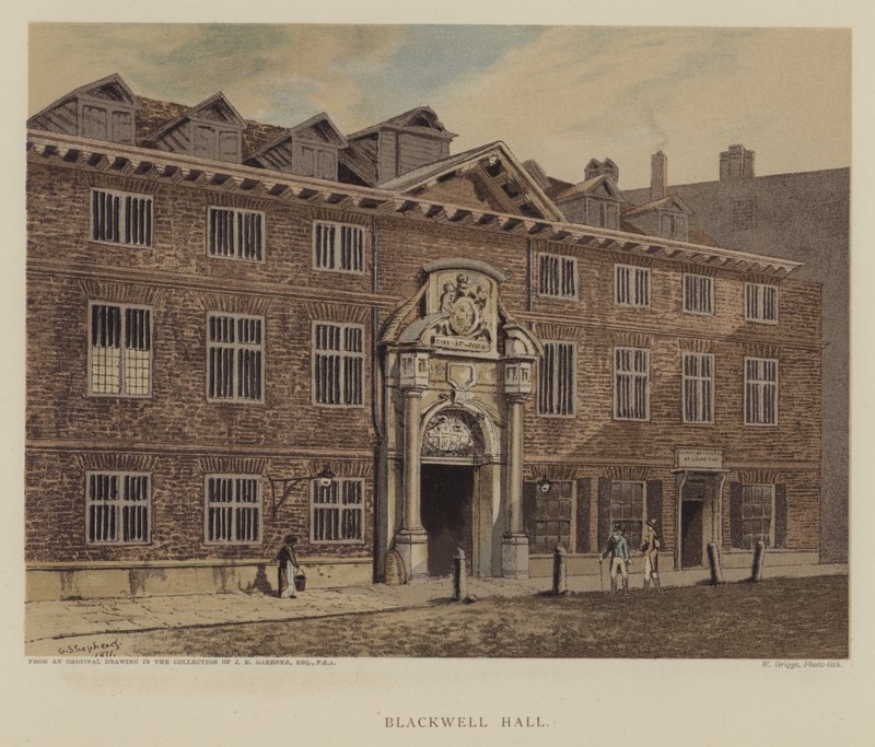 Blackwell Hall, Ciudad de Londres (litografía en color) de George (after) Shepherd