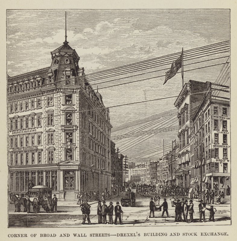 Esquina de Broad y Wall Streets, edificio Drexels y bolsa de valores de George Augustus Sala