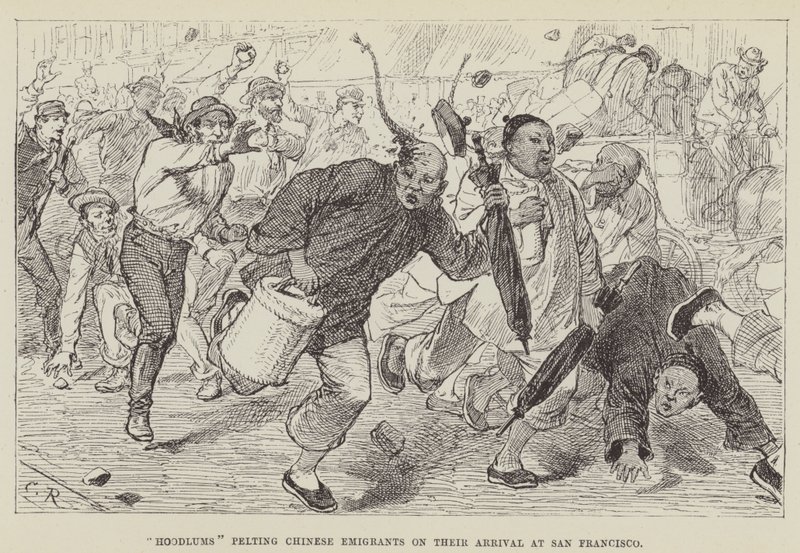 Hoodlums arrojando piedras a emigrantes chinos a su llegada a San Francisco de George Augustus Sala