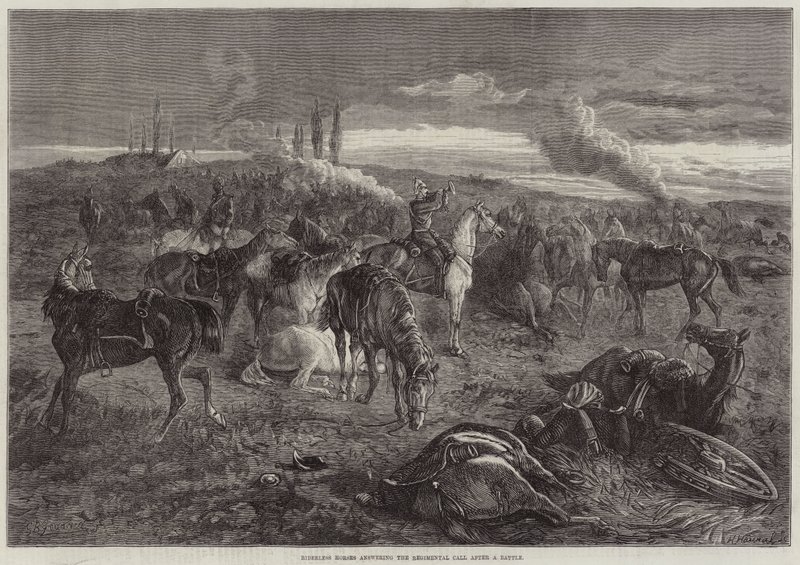 Caballos sin jinete respondiendo a la Llamada del Regimiento después de una Batalla de George Bouverie Goddard