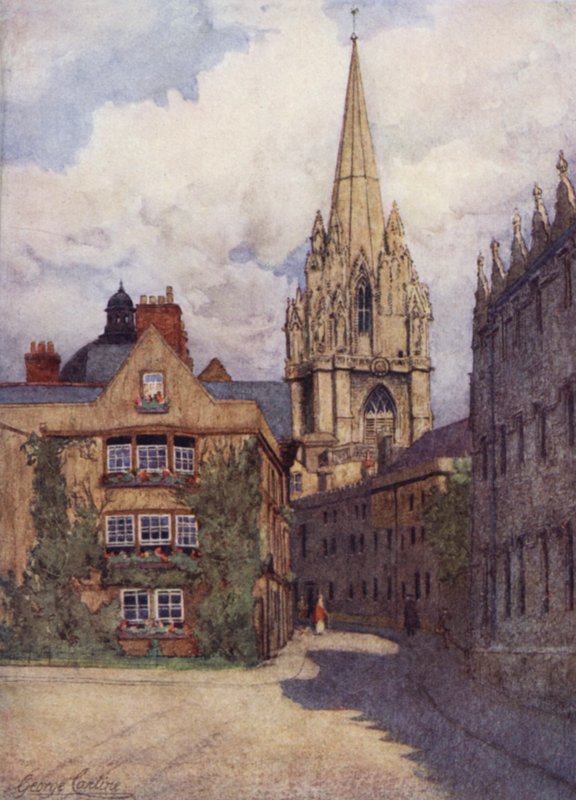 Oxford: Iglesia de Santa María desde la esquina de Oriel Street y Merton Street, con Oriel College a la derecha de George Carline