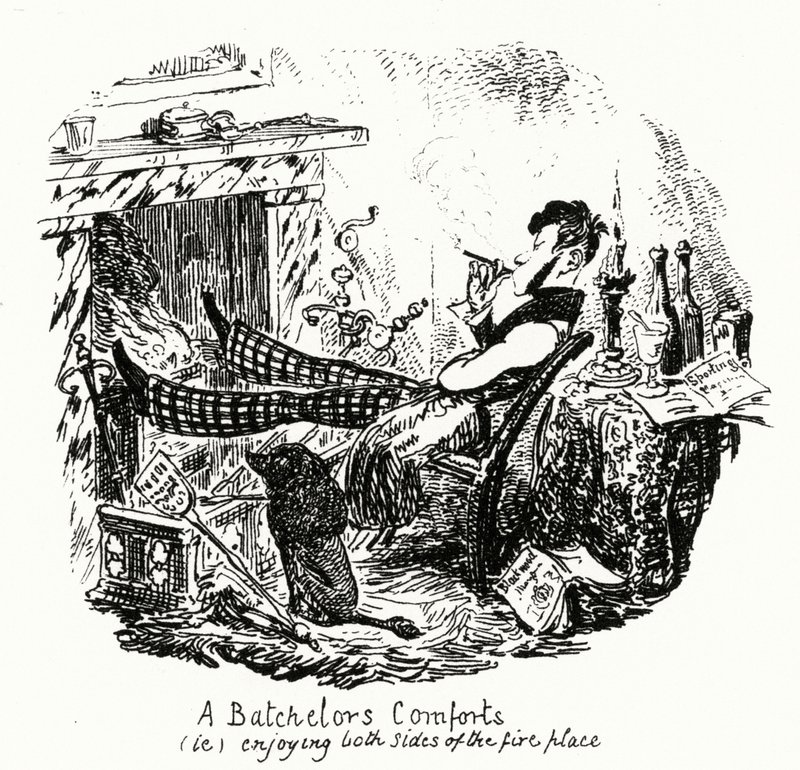 Las Comodidades de un Soltero (es decir, disfrutando ambos lados de la chimenea) de George Cruikshank
