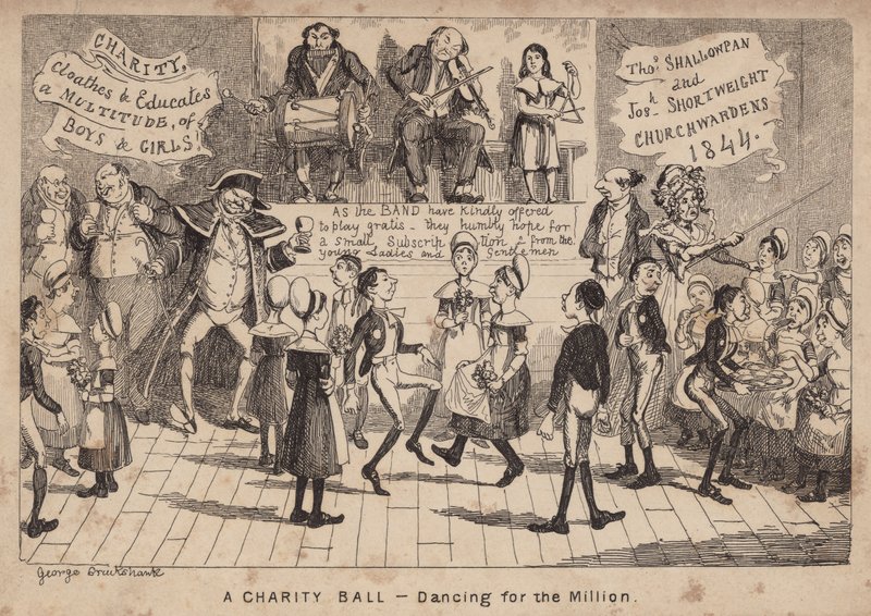 Un baile de caridad - bailando para el millón; caricatura de George Cruikshank