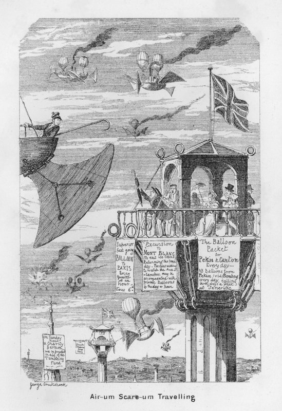 Air-um, Scare-um Viajando - anticipación del futuro del vuelo en 1843 de George Cruikshank