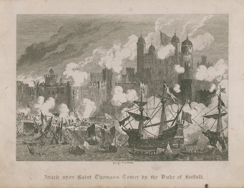 Ataque a la Torre de San Tomás por el Duque de Suffolk de George Cruikshank
