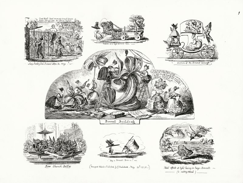 Caricaturas de George Cruikshank sobre el tema de los sombreros de señora desproporcionados de George Cruikshank