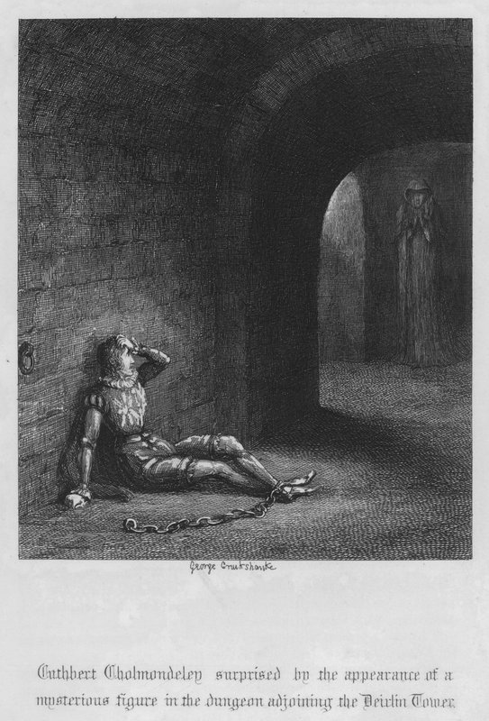 Cuthbert Cholmondeley sorprendido por la aparición de una figura misteriosa en la mazmorra contigua a la Torre Devilin de George Cruikshank