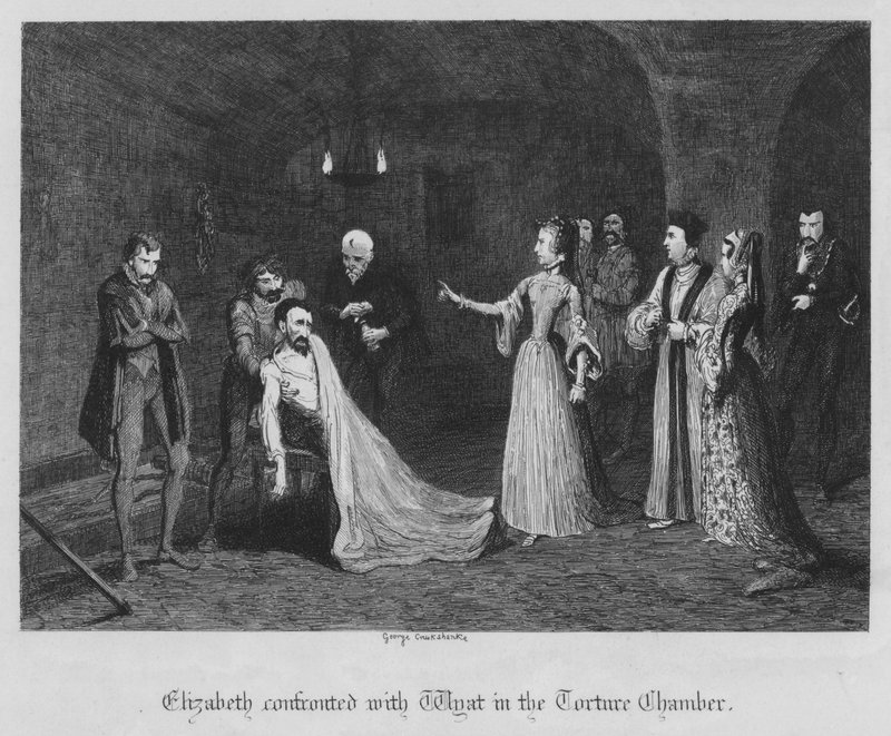 Isabel confrontada con Wyat en la Cámara de Tortura de George Cruikshank