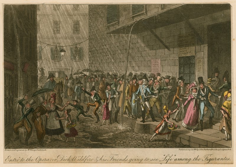 Entrada a la Ópera; o, Dick Wildfire y sus amigos yendo a ver la Vida entre los Figurantes de George Cruikshank