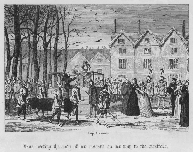 Jane encontrándose con el cuerpo de su esposo en su camino al cadalso de George Cruikshank