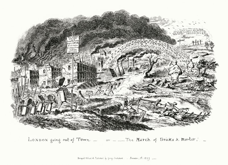 Londres Saliendo de la Ciudad, o la Marcha de Ladrillos y Mortero de George Cruikshank