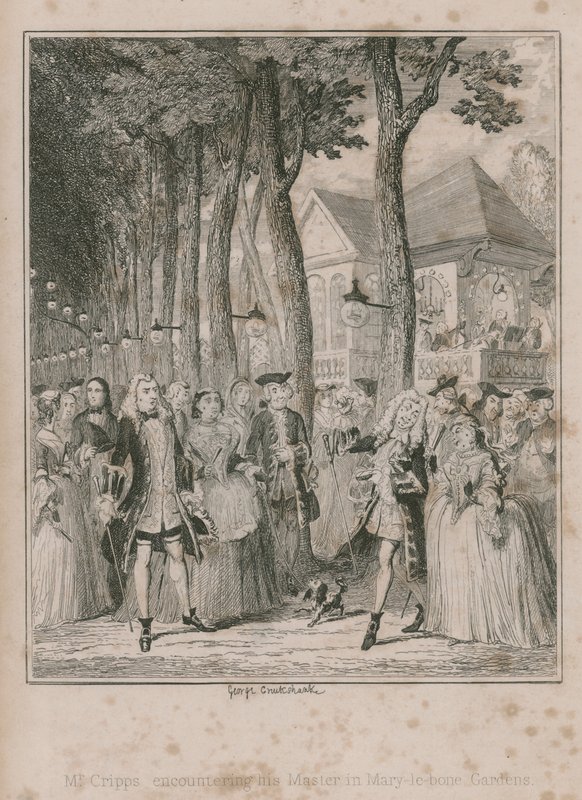 El Sr. Cripps encontrándose con su madre en los Jardines de Mary-le-bone de George Cruikshank