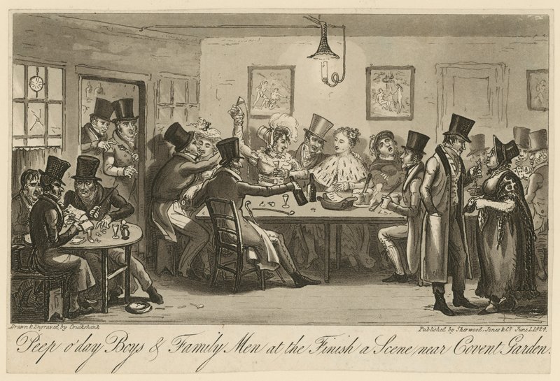 Chicos del amanecer y hombres de familia al final: una escena cerca de Covent Garden de George Cruikshank