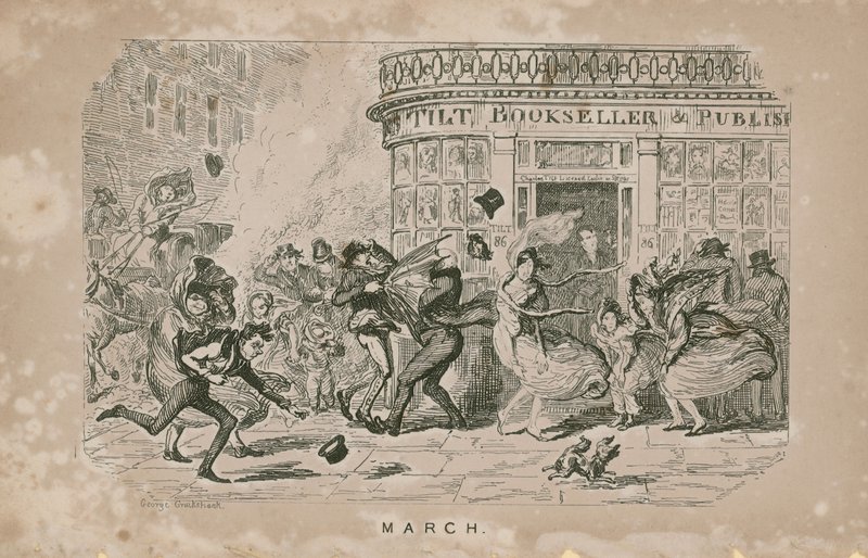 Personas luchando contra los fuertes vientos de George Cruikshank