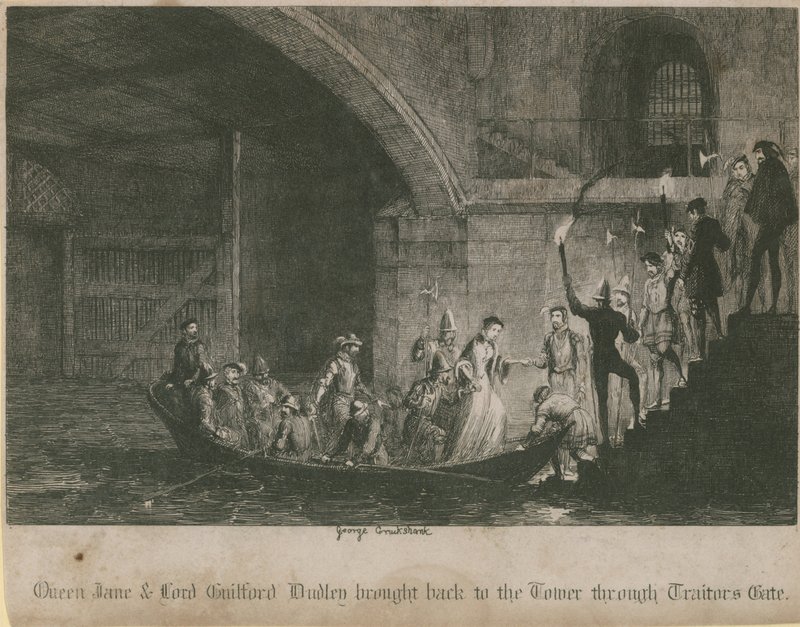 La reina Jane y Lord Guilford Dudley llevados de regreso a la Torre a través de la Puerta de los Traidores de George Cruikshank