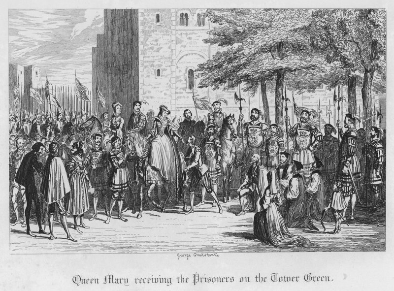 La reina María recibiendo a los prisioneros en la Torre Verde (grabado) de George Cruikshank