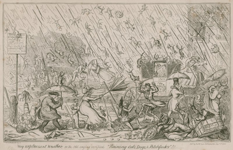 Lloviendo Gatos, Perros y Horquillas de George Cruikshank