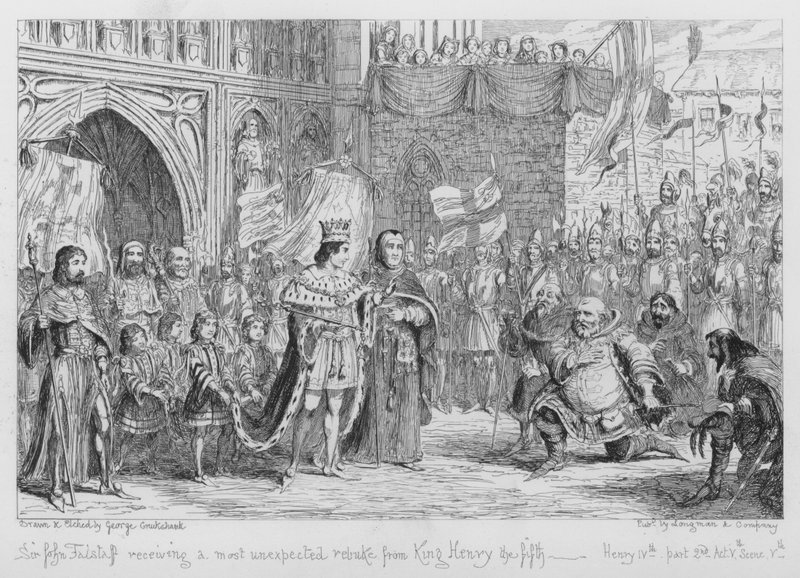 Sir John Falstaff recibiendo una reprimenda inesperada del Rey Enrique V de George Cruikshank