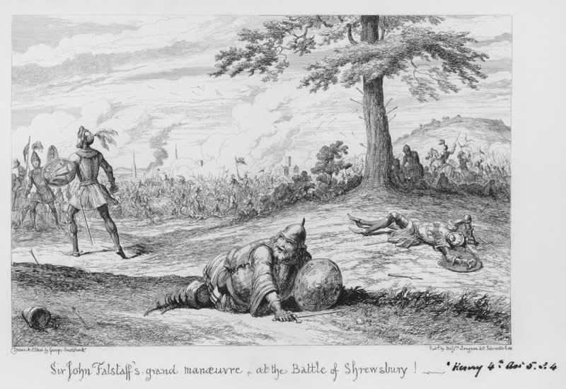 La gran maniobra de Sir John Falstaff en la Batalla de Shrewsbury de George Cruikshank