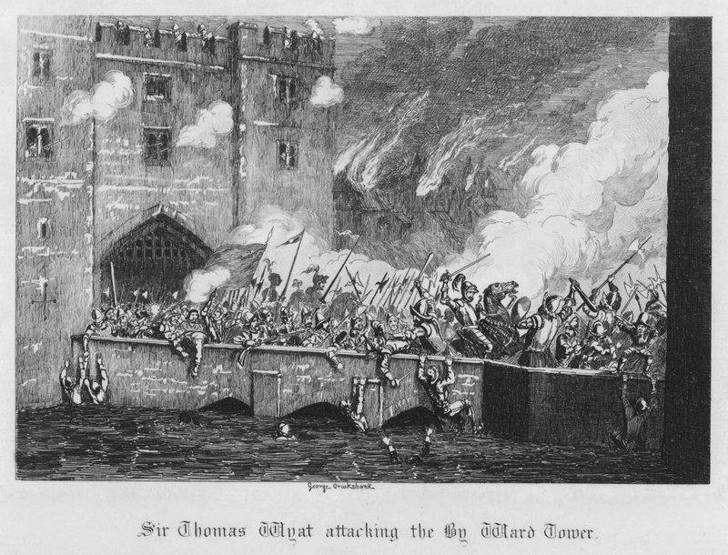 Sir Thomas Wyat atacando la Torre By Ward (grabado) de George Cruikshank