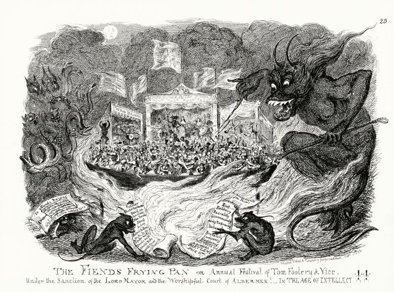La sartén del demonio, o Festival Anual de la Tontuna y el Vicio bajo la Sanción del Alcalde y el Honorable Tribunal de Concejales! En la Era del Intelecto!! (grabado) de George Cruikshank